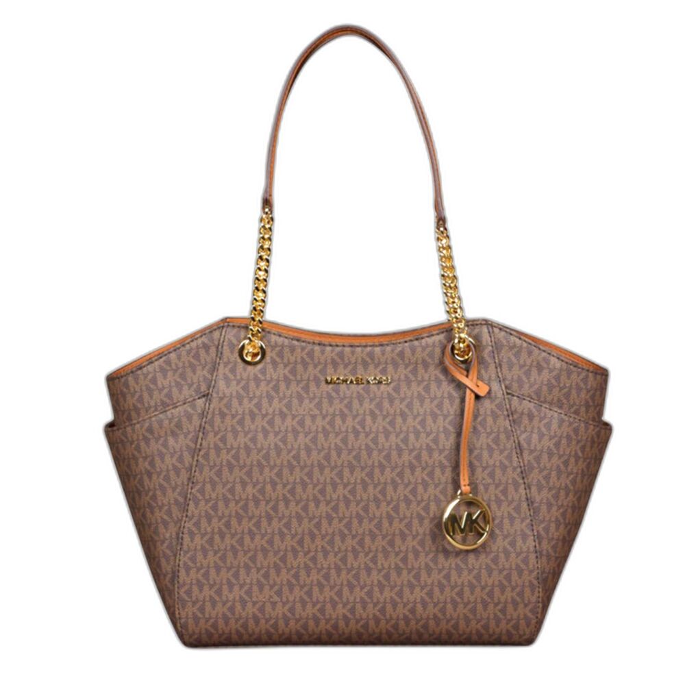 Michael Kors Jet Set Large Travel Chain Shoulder Tote Signature Brown - Picture 1 of 16